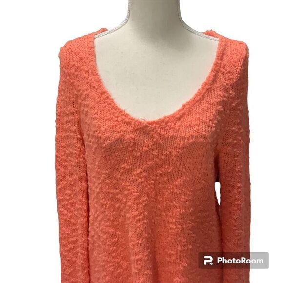 Anthropologie Coral Orange Chunky Sweater Scoop neck Long Sleeve Oversize Small - Picture 2 of 5